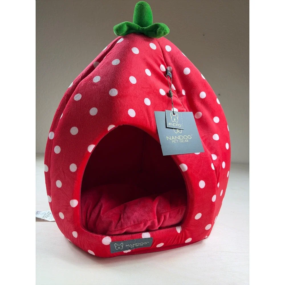 Nandog Pet Gear Strawberry Dog Cat Bed House Red Polka Dot Plush Cave 16in